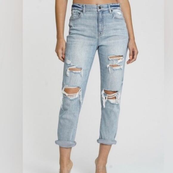 Eunina Rocky High Rise Boyfriend Jeans Distressed Destroyed Lightwash Size 9 - Picture 1 of 10